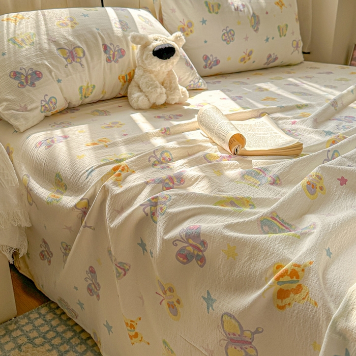 91家纺网 家纺一手货源 找家纺 花伞家居 2025新款印花双层纱单床单床笠（提供买家秀） 童年蝴蝶