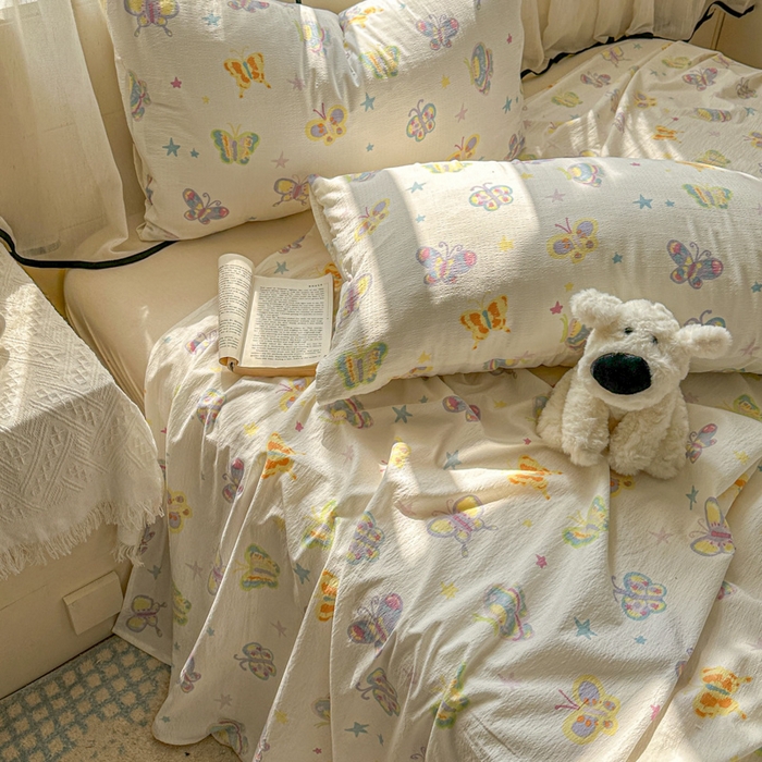 91家纺网 家纺一手货源 找家纺 花伞家居 2025新款印花双层纱单床单床笠（提供买家秀） 童年蝴蝶