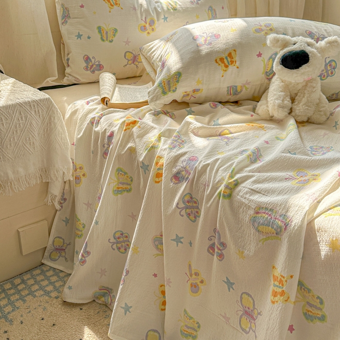 91家纺网 家纺一手货源 找家纺 花伞家居 2025新款印花双层纱单床单床笠（提供买家秀） 童年蝴蝶