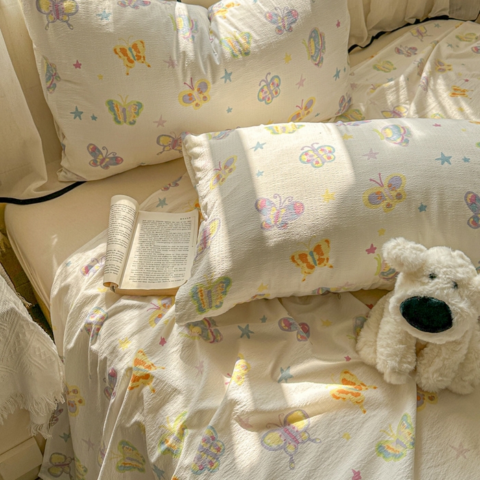 91家纺网 家纺一手货源 找家纺 花伞家居 2025新款印花双层纱单床单床笠（提供买家秀） 童年蝴蝶