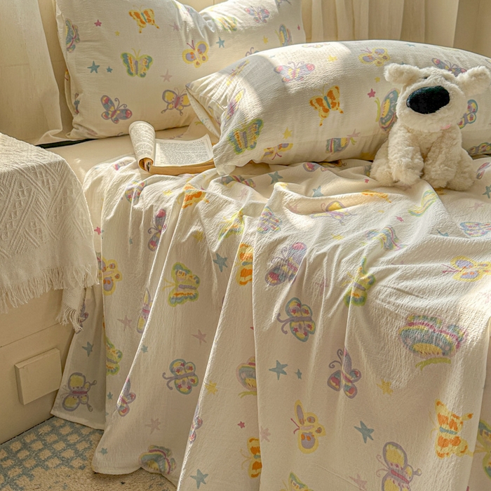 91家纺网 家纺一手货源 找家纺 花伞家居 2025新款印花双层纱单床单床笠（提供买家秀） 童年蝴蝶