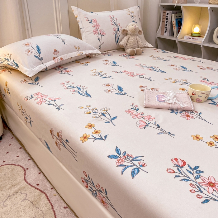 91家纺网 家纺一手货源 找家纺 红日子 2025新款生态斜纹植物羊绒单床笠磨毛床笠三件套 梦溪小花