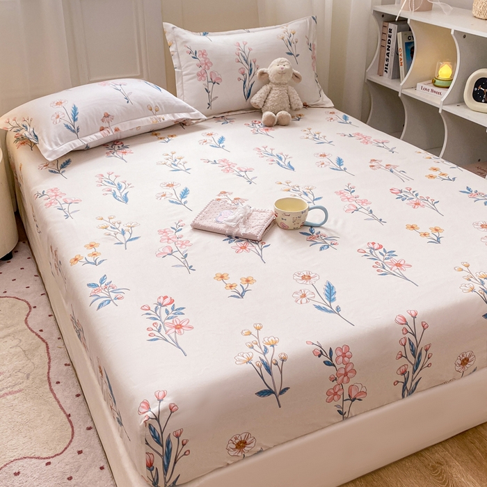 91家纺网 家纺一手货源 找家纺 红日子 2025新款生态斜纹植物羊绒单床笠磨毛床笠三件套 梦溪小花