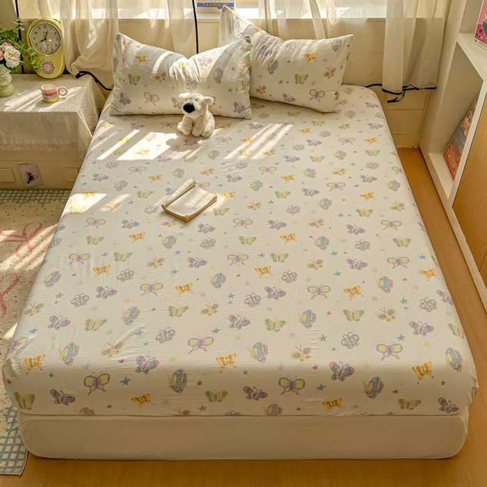 91家纺网 家纺一手货源 找家纺 花伞家居 2025新款印花双层纱单床单床笠（提供买家秀） 童年蝴蝶