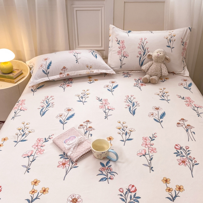 91家纺网 家纺一手货源 找家纺 红日子 2025新款生态斜纹植物羊绒单床笠磨毛床笠三件套 梦溪小花