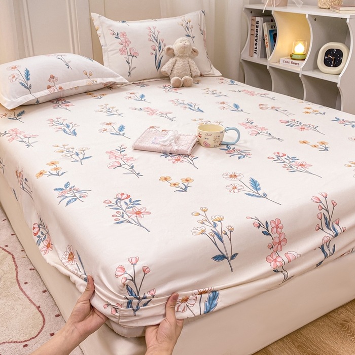 91家纺网 家纺一手货源 找家纺 红日子 2025新款生态斜纹植物羊绒单床笠磨毛床笠三件套 梦溪小花