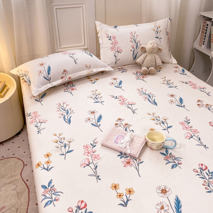 91家纺网 家纺一手货源 找家纺 红日子 2025新款生态斜纹植物羊绒单床笠磨毛床笠三件套 梦溪小花