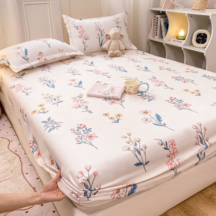 91家纺网 家纺一手货源 找家纺 红日子 2025新款生态斜纹植物羊绒单床笠磨毛床笠三件套 梦溪小花