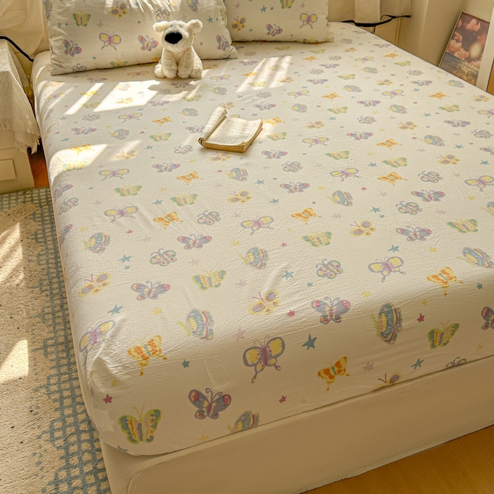 91家纺网 家纺一手货源 找家纺 花伞家居 2025新款印花双层纱单床单床笠（提供买家秀） 童年蝴蝶