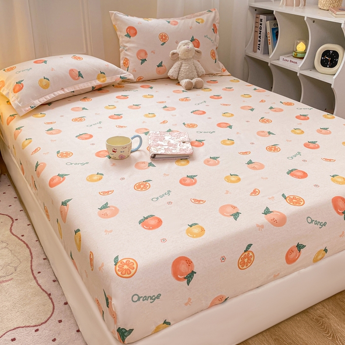 91家纺网 家纺一手货源 找家纺 红日子 2025新款生态斜纹植物羊绒单床笠磨毛床笠三件套 水果派对