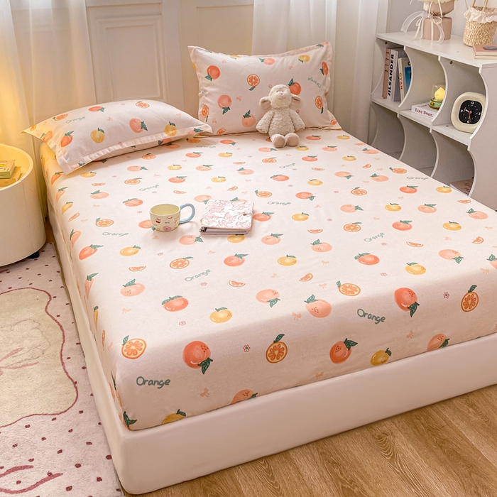 91家纺网 家纺一手货源 找家纺 红日子 2025新款生态斜纹植物羊绒单床笠磨毛床笠三件套 水果派对