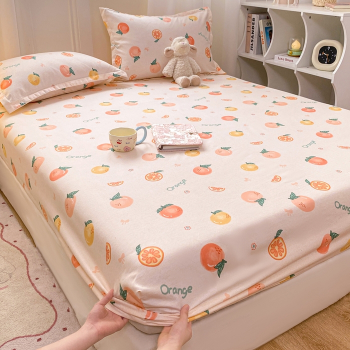 91家纺网 家纺一手货源 找家纺 红日子 2025新款生态斜纹植物羊绒单床笠磨毛床笠三件套 水果派对