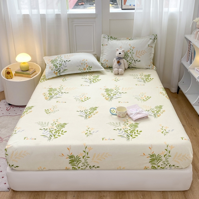 91家纺网 家纺一手货源 找家纺 红日子 2025新款生态斜纹植物羊绒单床笠磨毛床笠三件套 叶间花语