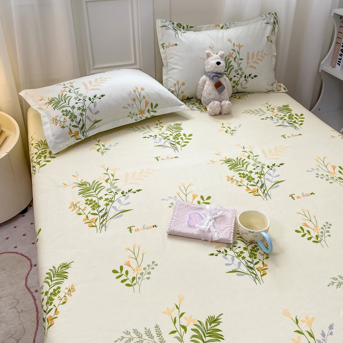 91家纺网 家纺一手货源 找家纺 红日子 2025新款生态斜纹植物羊绒单床笠磨毛床笠三件套 叶间花语