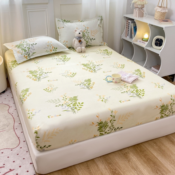 91家纺网 家纺一手货源 找家纺 红日子 2025新款生态斜纹植物羊绒单床笠磨毛床笠三件套 叶间花语