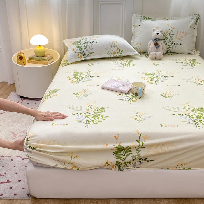 91家纺网 家纺一手货源 找家纺 红日子 2025新款生态斜纹植物羊绒单床笠磨毛床笠三件套 叶间花语