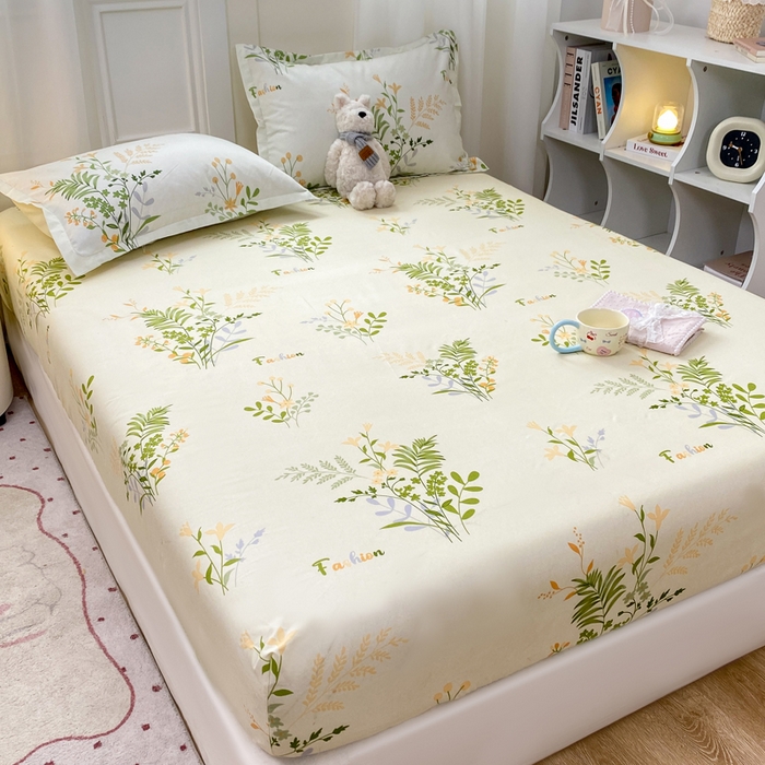 91家纺网 家纺一手货源 找家纺 红日子 2025新款生态斜纹植物羊绒单床笠磨毛床笠三件套 叶间花语