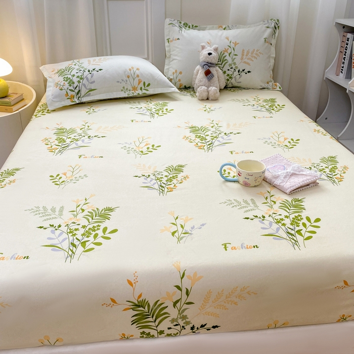 91家纺网 家纺一手货源 找家纺 红日子 2025新款生态斜纹植物羊绒单床笠磨毛床笠三件套 叶间花语