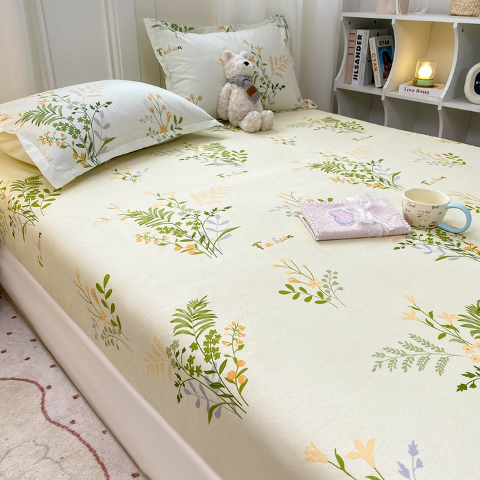 91家纺网 家纺一手货源 找家纺 红日子 2025新款生态斜纹植物羊绒单床笠磨毛床笠三件套 叶间花语