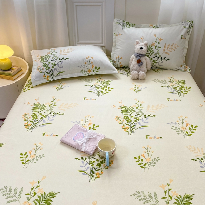 91家纺网 家纺一手货源 找家纺 红日子 2025新款生态斜纹植物羊绒单床笠磨毛床笠三件套 叶间花语