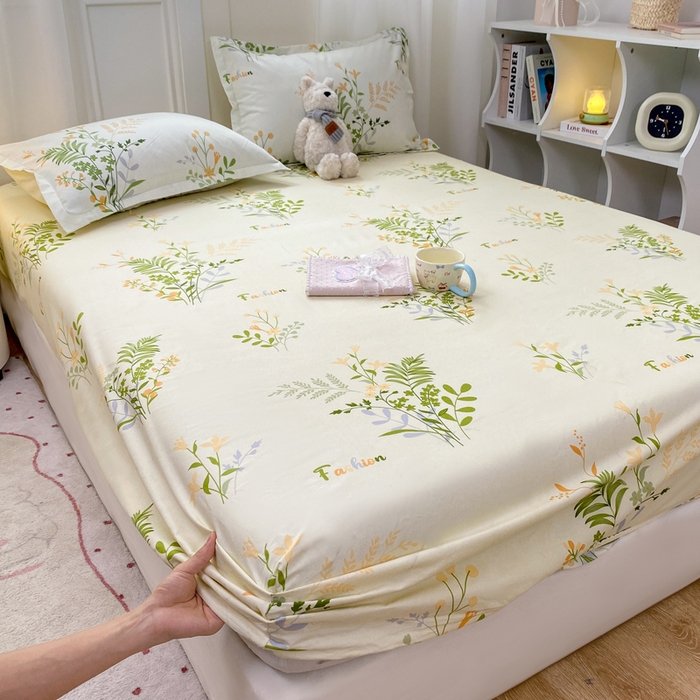 91家纺网 家纺一手货源 找家纺 红日子 2025新款生态斜纹植物羊绒单床笠磨毛床笠三件套 叶间花语