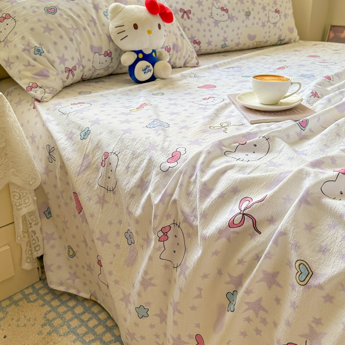 91家纺网 家纺一手货源 找家纺 花伞家居 2025新款印花双层纱单床单床笠（提供买家秀） 星星猫