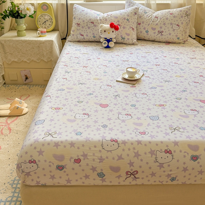 91家纺网 家纺一手货源 找家纺 花伞家居 2025新款印花双层纱单床单床笠（提供买家秀） 星星猫