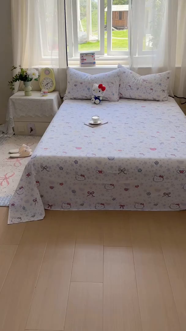 91家纺网 家纺一手货源 找家纺 花伞家居 2025新款印花双层纱单床单床笠（提供买家秀） 星星猫