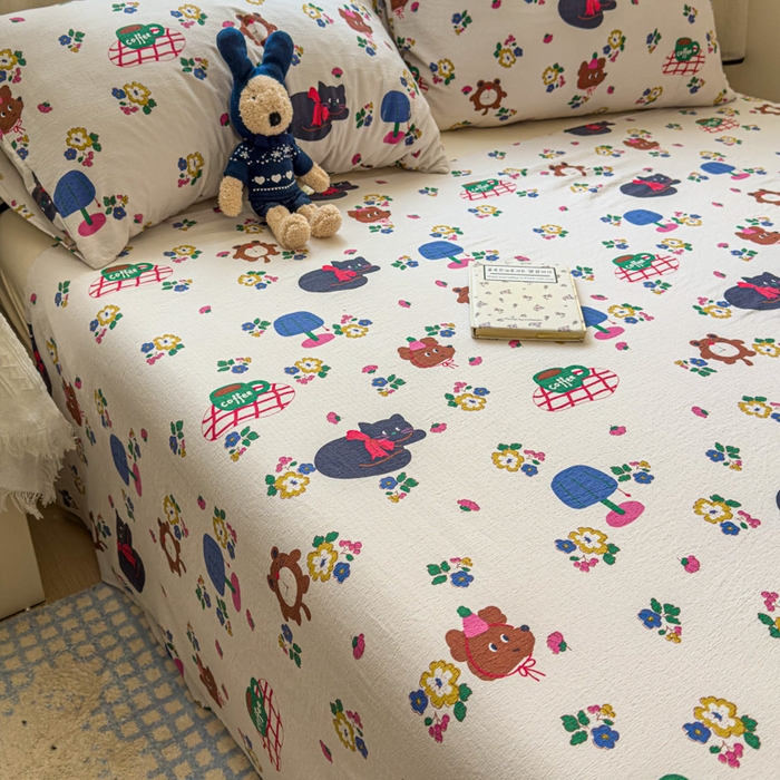 91家纺网 家纺一手货源 找家纺 花伞家居 2025新款印花双层纱单床单床笠（提供买家秀） 休闲一刻