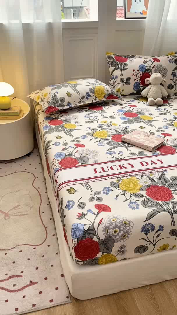 91家纺网 家纺一手货源 找家纺 红日子 2025新款生态斜纹植物羊绒单床笠磨毛床笠三件套 花意满园