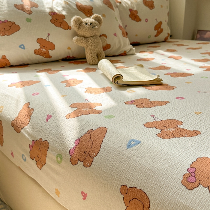 91家纺网 家纺一手货源 找家纺 花伞家居 2025新款印花双层纱单床单床笠（提供买家秀） 樱桃小狗