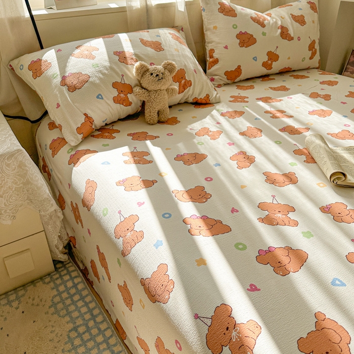 91家纺网 家纺一手货源 找家纺 花伞家居 2025新款印花双层纱单床单床笠（提供买家秀） 樱桃小狗