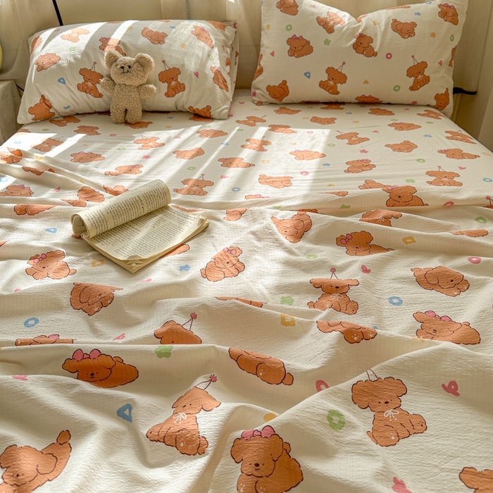 91家纺网 家纺一手货源 找家纺 花伞家居 2025新款印花双层纱单床单床笠（提供买家秀） 樱桃小狗