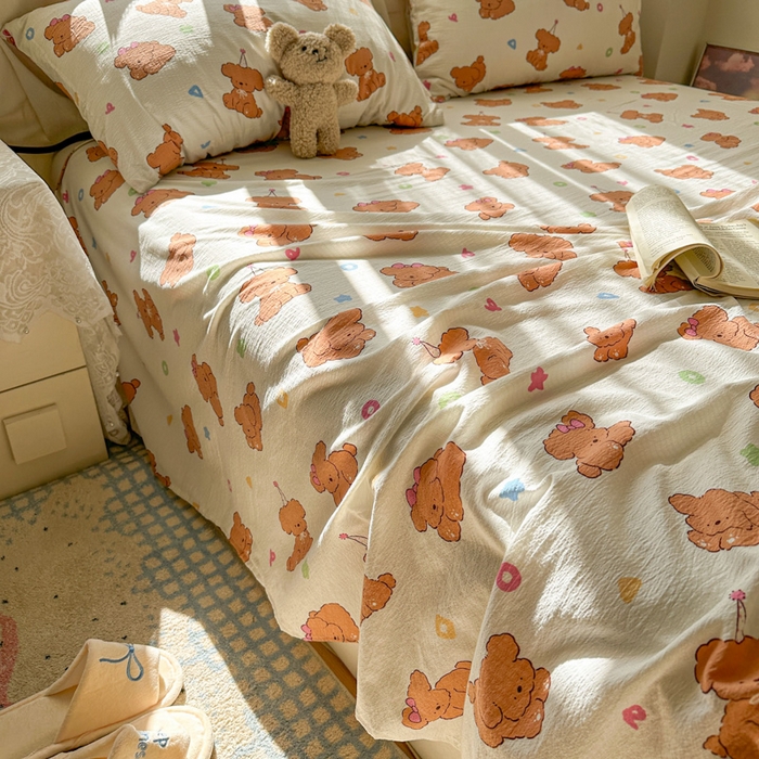 91家纺网 家纺一手货源 找家纺 花伞家居 2025新款印花双层纱单床单床笠（提供买家秀） 樱桃小狗