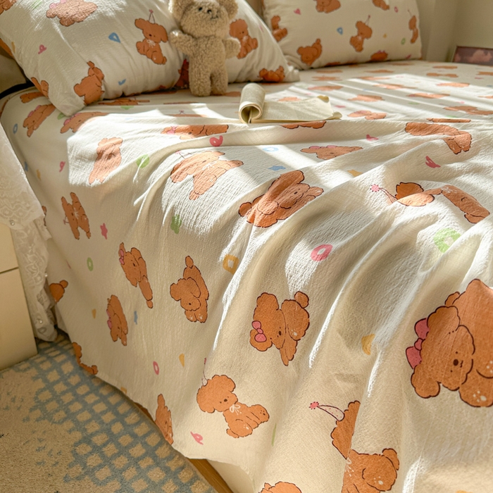 91家纺网 家纺一手货源 找家纺 花伞家居 2025新款印花双层纱单床单床笠（提供买家秀） 樱桃小狗