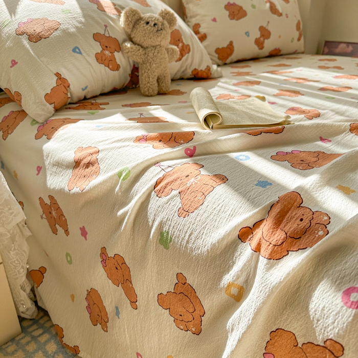 91家纺网 家纺一手货源 找家纺 花伞家居 2025新款印花双层纱单床单床笠（提供买家秀） 樱桃小狗