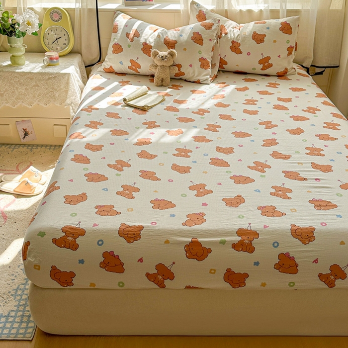 91家纺网 家纺一手货源 找家纺 花伞家居 2025新款印花双层纱单床单床笠（提供买家秀） 樱桃小狗