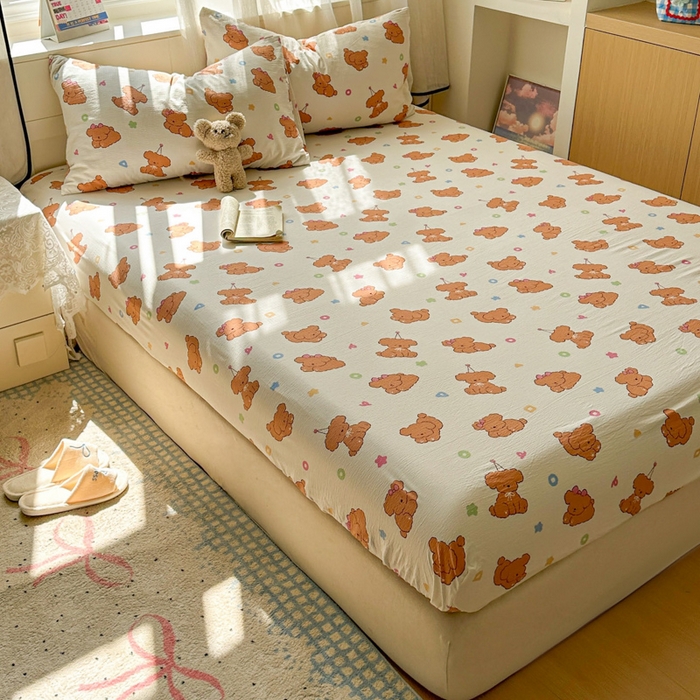 91家纺网 家纺一手货源 找家纺 花伞家居 2025新款印花双层纱单床单床笠（提供买家秀） 樱桃小狗