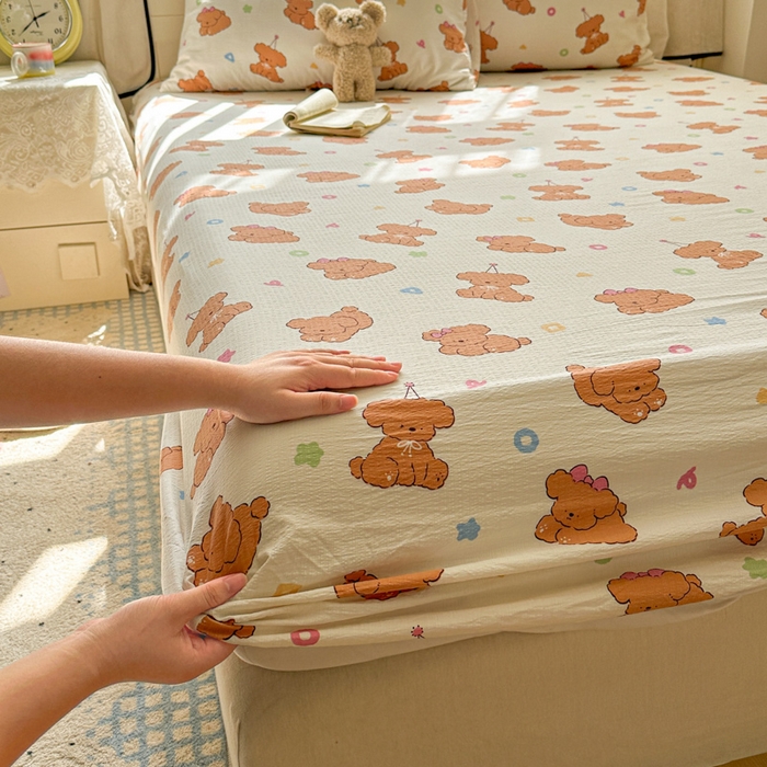 91家纺网 家纺一手货源 找家纺 花伞家居 2025新款印花双层纱单床单床笠（提供买家秀） 樱桃小狗