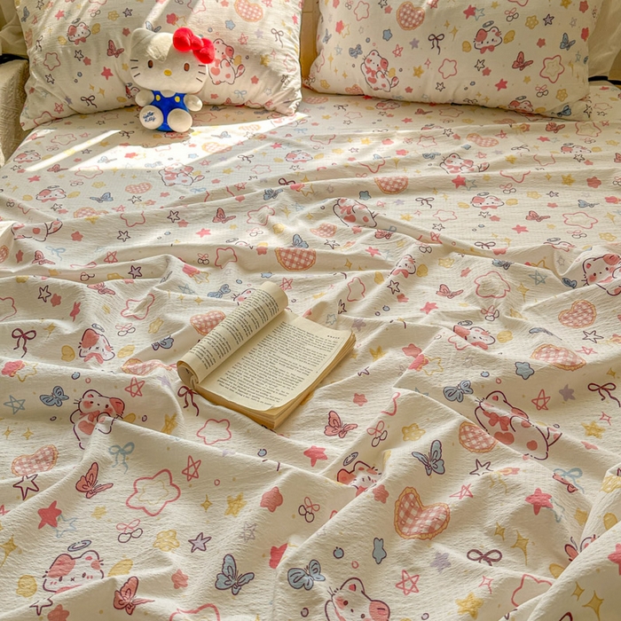 91家纺网 家纺一手货源 找家纺 花伞家居 2025新款印花双层纱单床单床笠（提供买家秀） 追蝴蝶