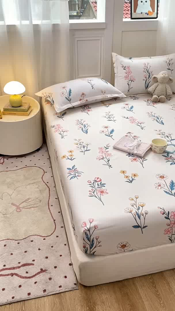 91家纺网 家纺一手货源 找家纺 红日子 2025新款生态斜纹植物羊绒单床笠磨毛床笠三件套 梦溪小花