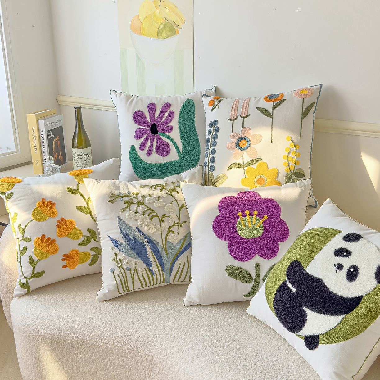 91家纺网 家纺一手货源 找家纺 （总）诺可 2025新款全棉毛巾绣立体感跨境外贸跳色碰撞系类抱枕抱枕套