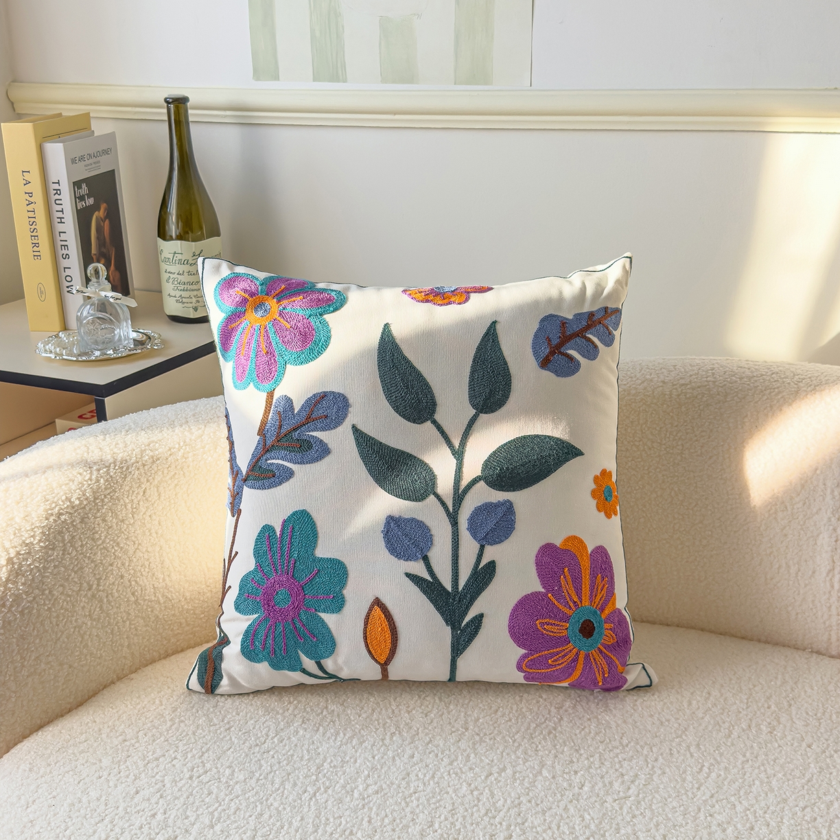 91家纺网 家纺一手货源 找家纺 诺可 2025新款全棉毛巾绣立体感跨境外贸跳色碰撞系类抱枕抱枕套 夕雾花-紫