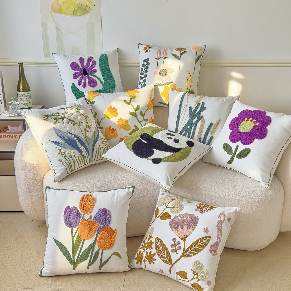 91家纺网 家纺一手货源 找家纺 诺可 2025新款全棉毛巾绣立体感跨境外贸跳色碰撞系类抱枕抱枕套 组合图