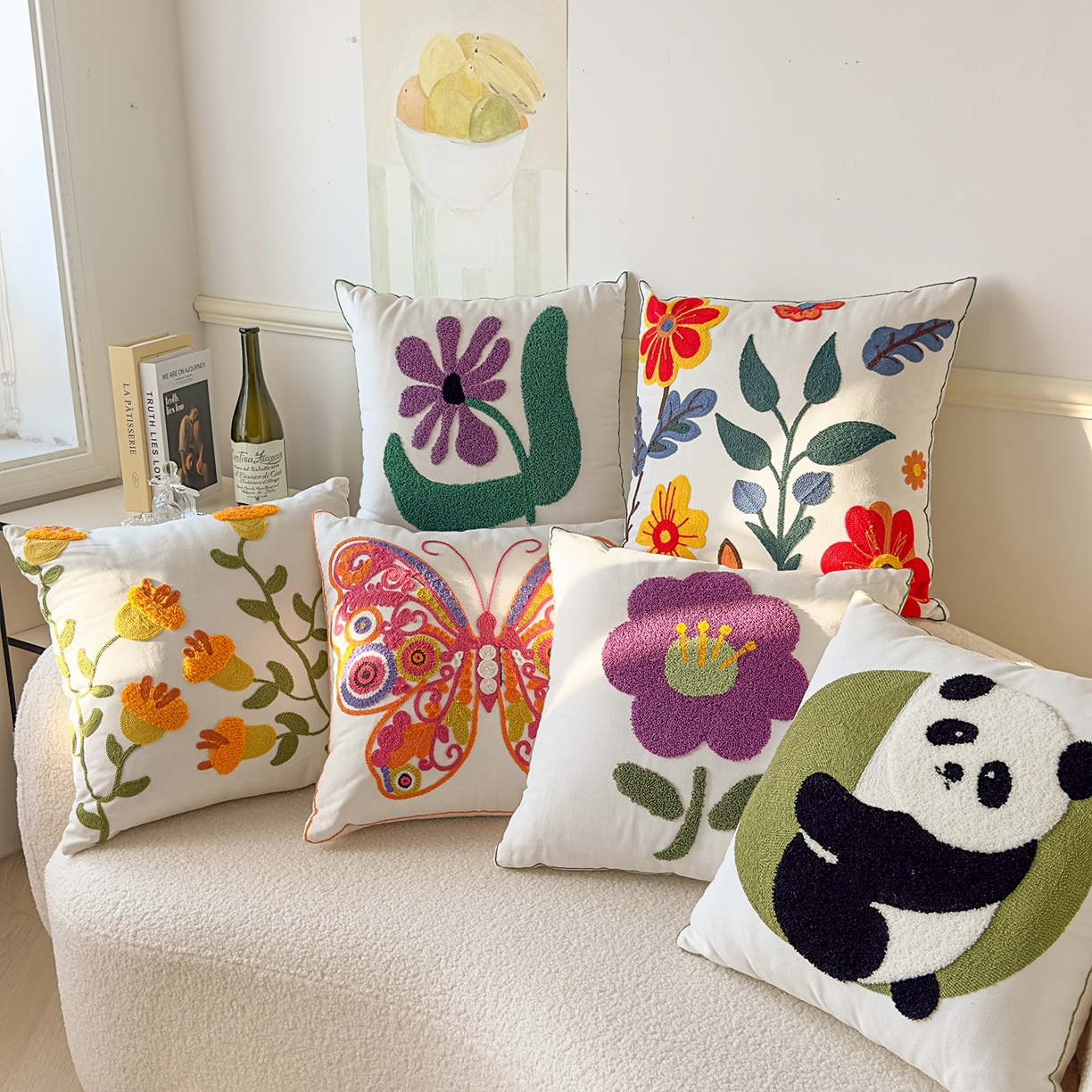 91家纺网 家纺一手货源 找家纺 诺可 2025新款全棉毛巾绣立体感跨境外贸跳色碰撞系类抱枕抱枕套 组合图