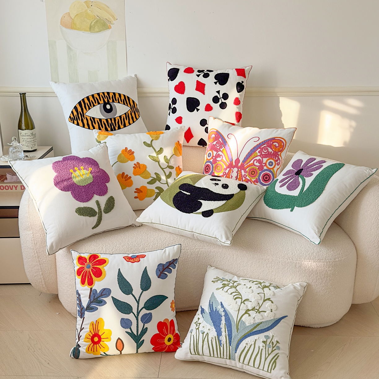 91家纺网 家纺一手货源 找家纺 诺可 2025新款全棉毛巾绣立体感跨境外贸跳色碰撞系类抱枕抱枕套 组合图