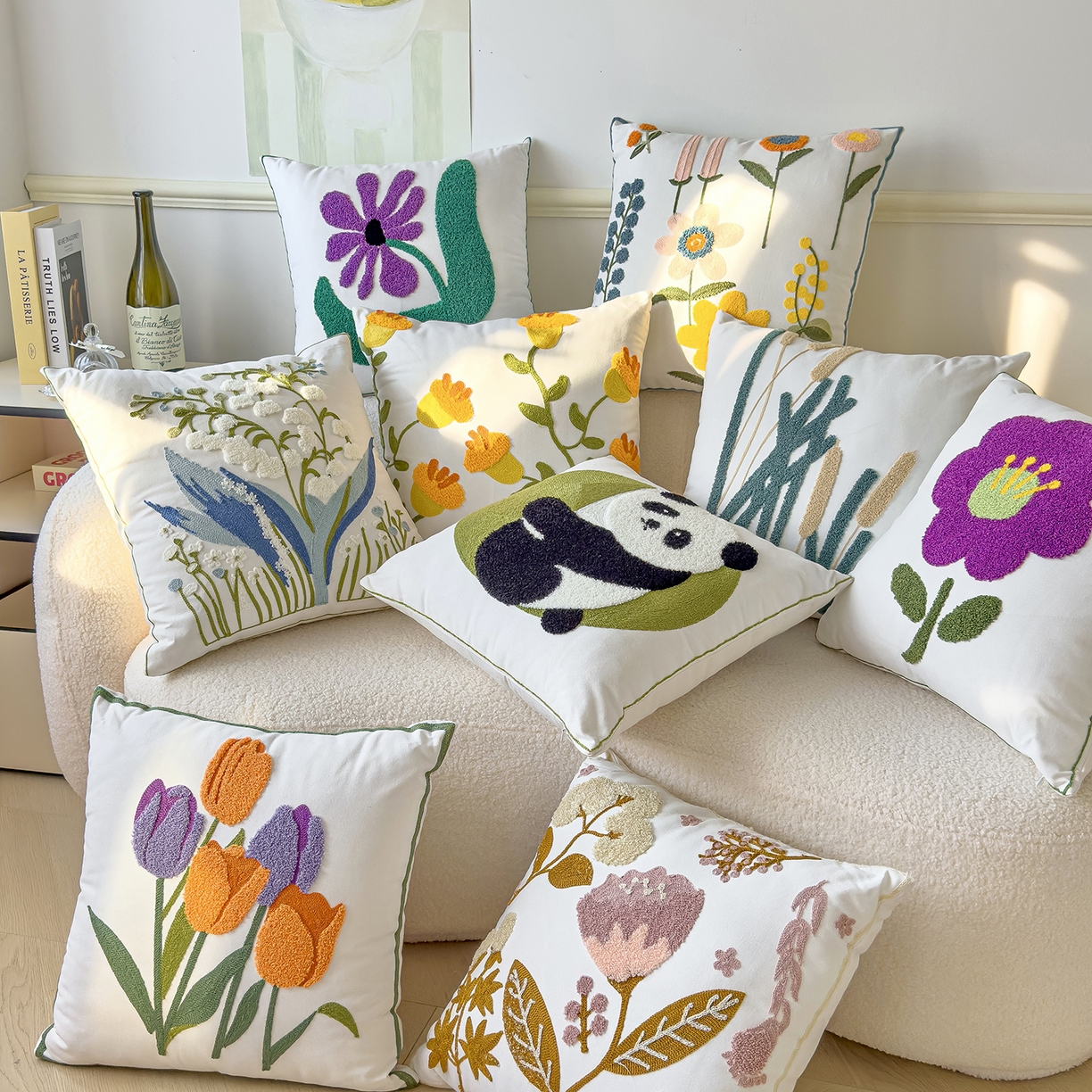 91家纺网 家纺一手货源 找家纺 诺可 2025新款全棉毛巾绣立体感跨境外贸跳色碰撞系类抱枕抱枕套 组合图