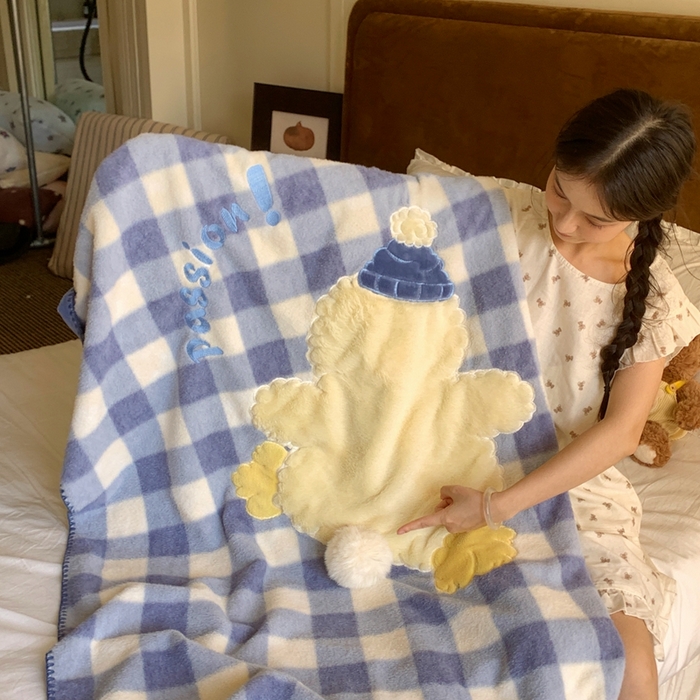 桃喜 2025秋冬新款仿生羊绒毛毯毯子 蓝格帽子小鸭