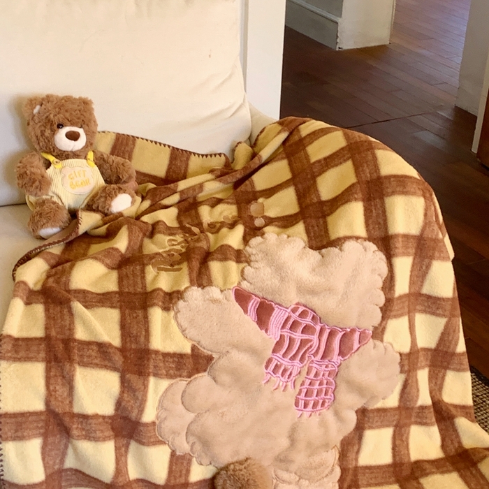 91家纺网 家纺一手货源 找家纺 桃喜 2025秋冬新款仿生羊绒毛毯毯子 咖格围巾小熊