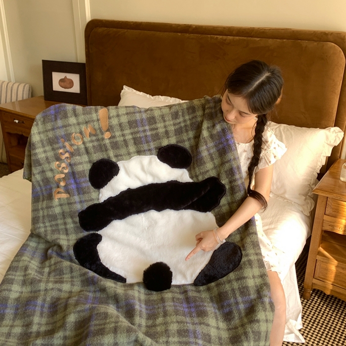 桃喜 2025秋冬新款仿生羊绒毛毯毯子 绿格熊猫